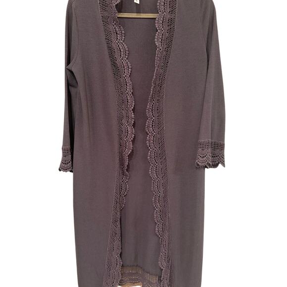 2 for $20! Tickled Teal Charcoal Lace Trim long cardigan - Picture 3 of 6